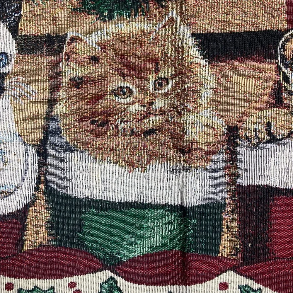 Whimsical Cozy Cats Christmas Tapestry Table Runner Kittens 13x73 Made In USA